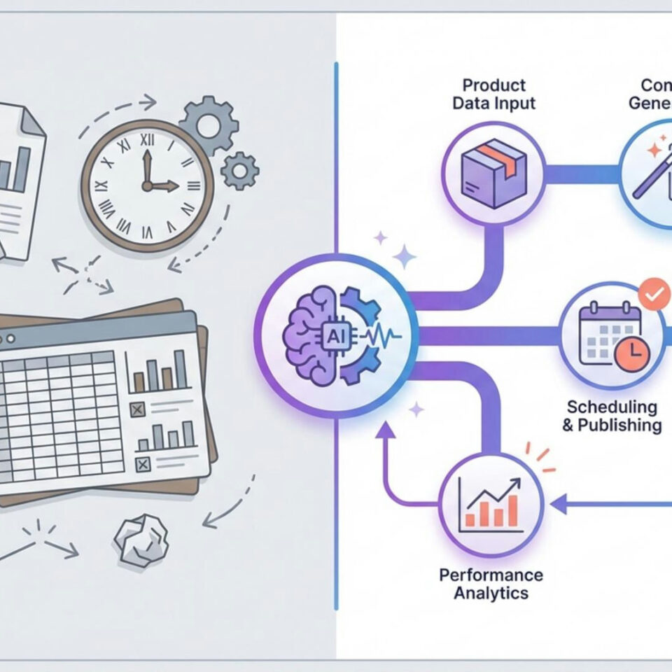 Comparativa de procesos manuales con hojas de cálculo y gráficos frente a automatización IA conectando flujos - Optimización de generación de contenidos para ecommerce