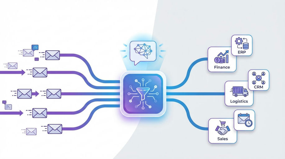 Ilustración de flujo de datos hacia red neuronal con icono de embudo, distribuyendo información a finanzas, ERP, logística, CRM y ventas - Automatización inteligente de emails en empresa industrial para optimizar procesos y reducir errores