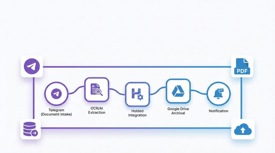 VVbNc7CBgo6Rz9HHwnELbm161XQxrEM2ccGOsqKFXpM Diagrama mostrando flujo de trabajo automatizado con OCR, Holded y almacenamiento en la nube - Automatización contable con IA para startups de servicios