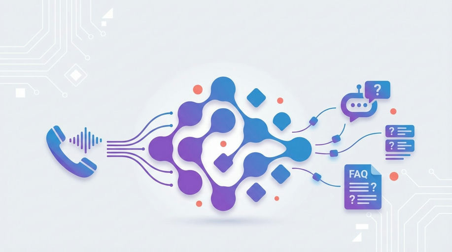 Gráfico conceptual con icono de teléfono, red neuronal y chatbot mostrando integración de voz y AI - Automatización de llamadas en ecommerce B2B para análisis y registro eficientes