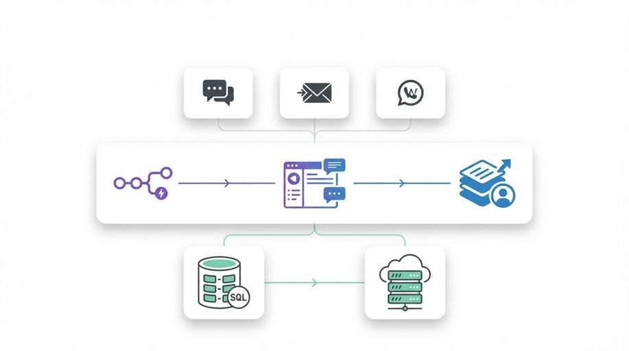 Diagrama de flujo con entradas de chat y email, proceso automatizado y conexión a base de datos en la nube - Automatización CRM y chatbot para gestión de leads en clínica de medicina estética