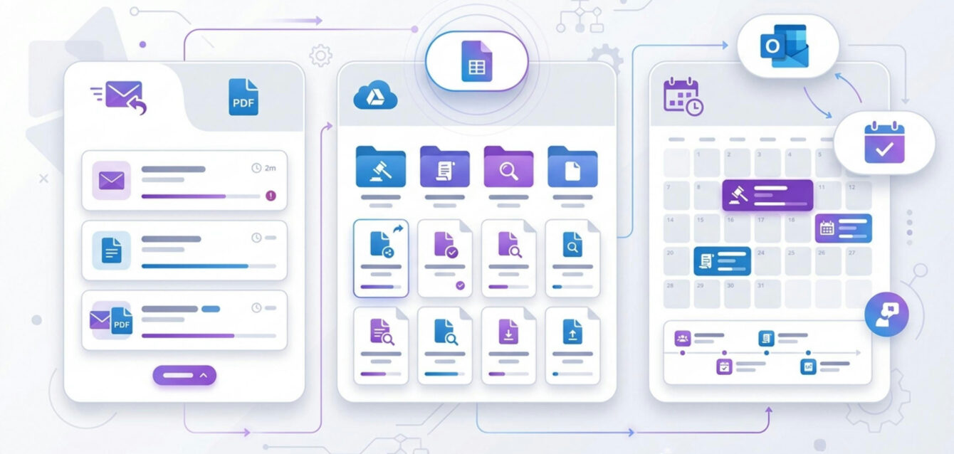 Interfaz digital con paneles de emails, documentos y calendario mostrando integración de IA - Automatización jurídica para gestión documental y notificaciones en despachos legales
