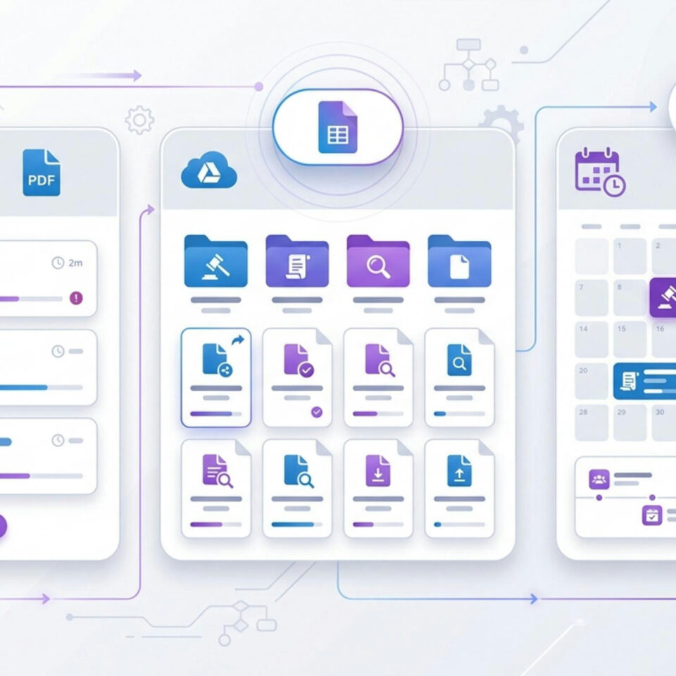 Interfaz digital con paneles de emails, documentos y calendario mostrando integración de IA - Automatización jurídica para gestión documental y notificaciones en despachos legales