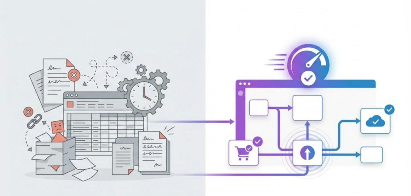 Comparativa entre flujo manual con papeles y engranajes y flujo digital eficiente con iconos cloud - Automatización logística en eCommerce y gestión de envíos
